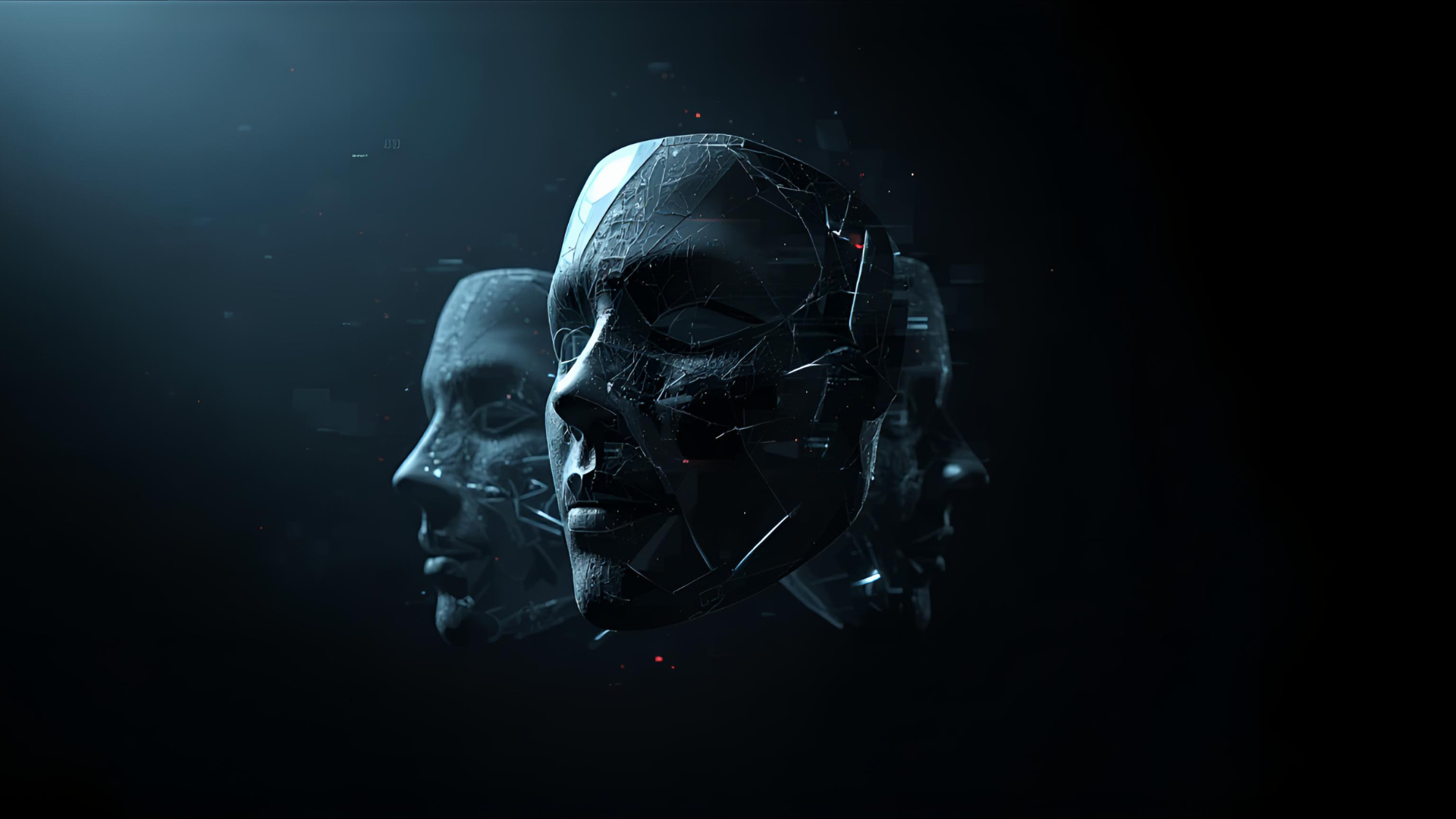 A dark abstract grid with restrained red fracture lines.