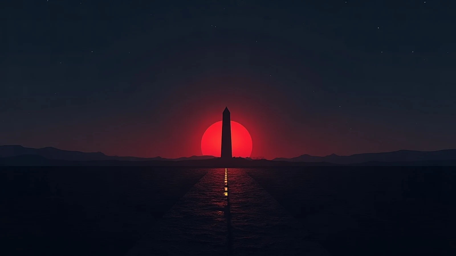 A gold survey stake marking a property line in dark earth, a monument silhouette rising just beyond it