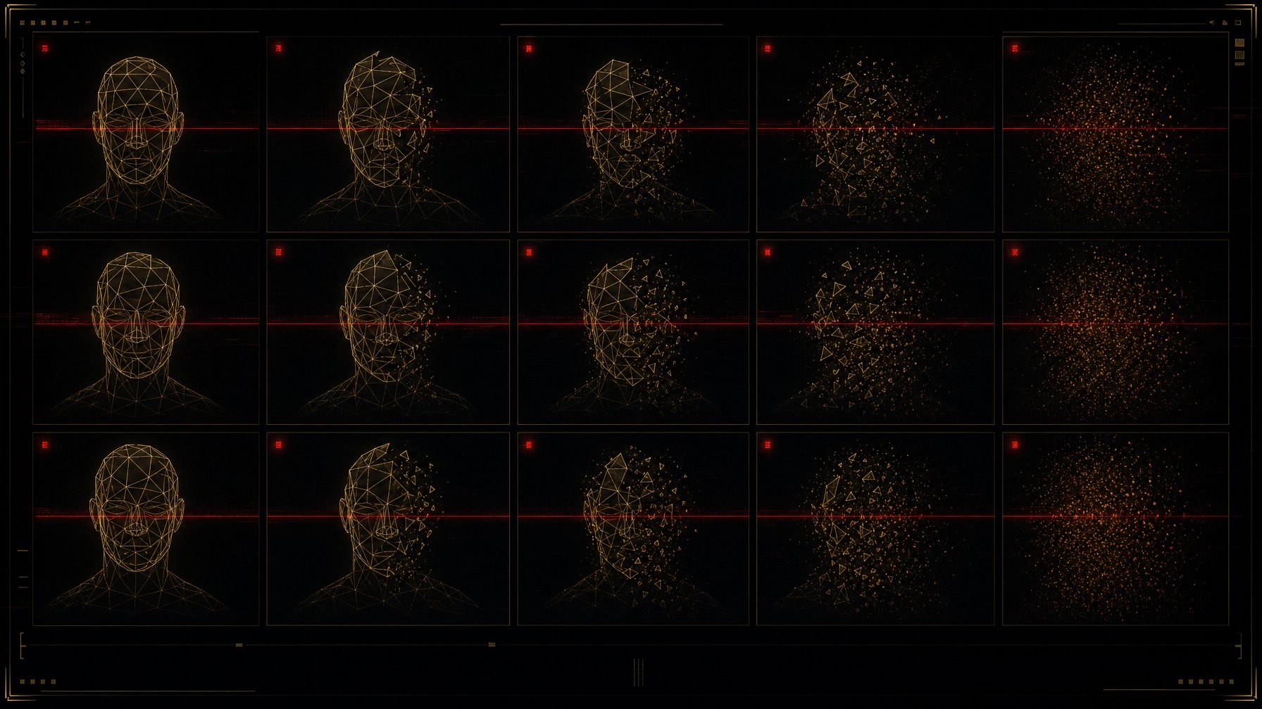 Deepfake video call — a face dissolving into wireframe