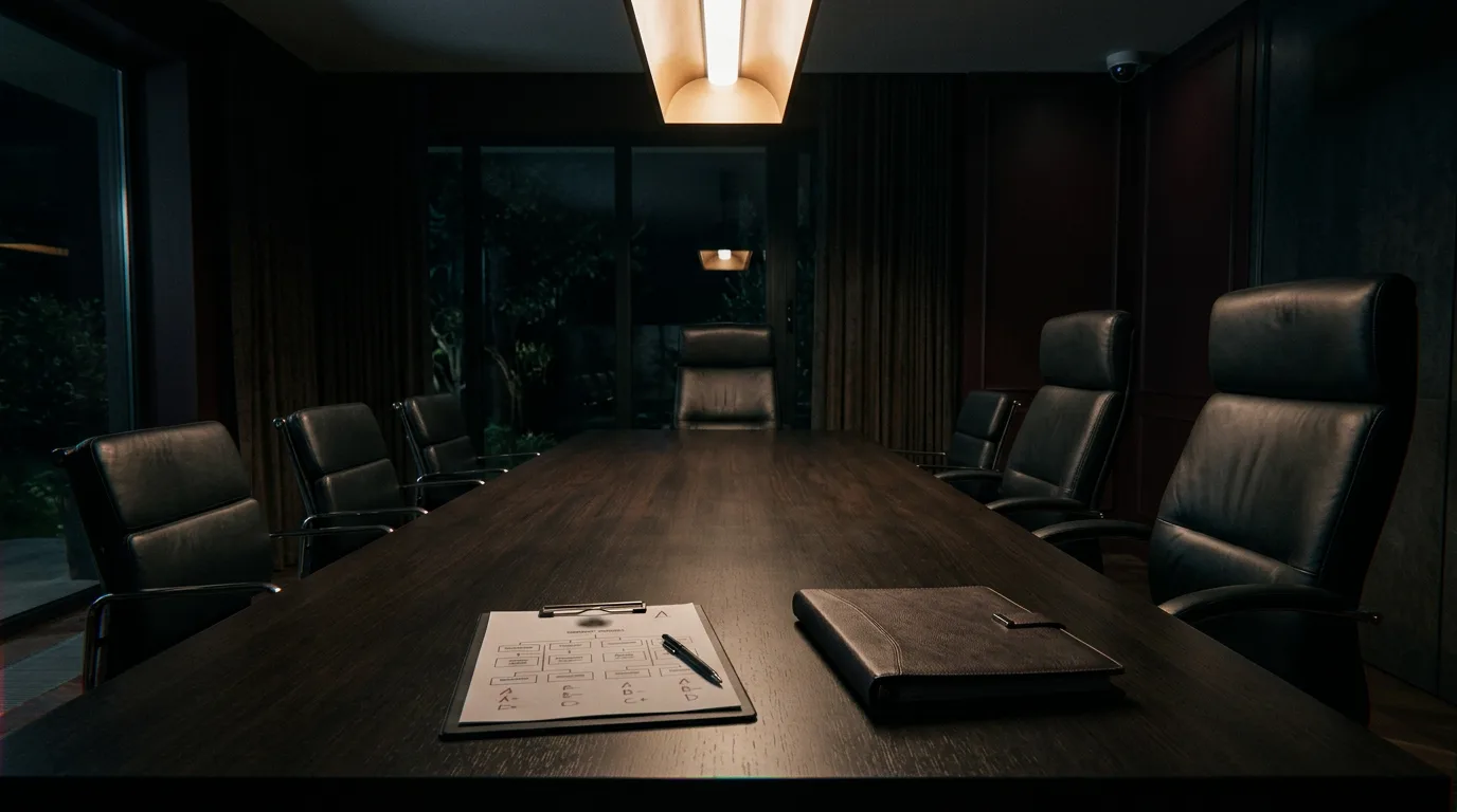 A dimly lit private conference room with an empty seating chart and leather folder on a long table.