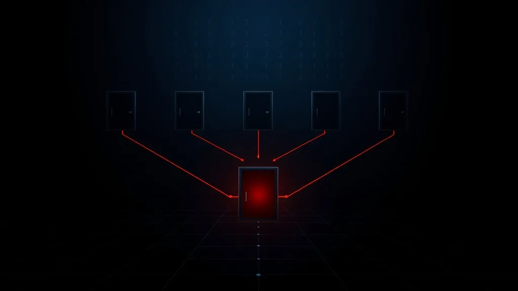 An abstract dark schematic of five rectangular door-shaped portals converging through thin red lines into a single central archive shape.