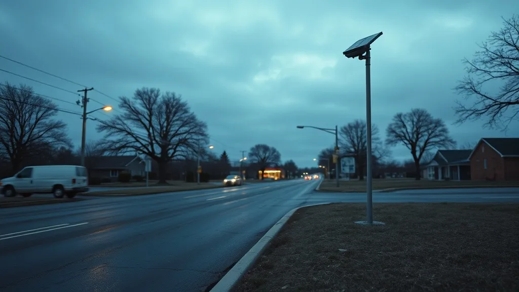 A solar-powered license-plate-reader camera on a thin pole beside an empty suburban road at dusk.