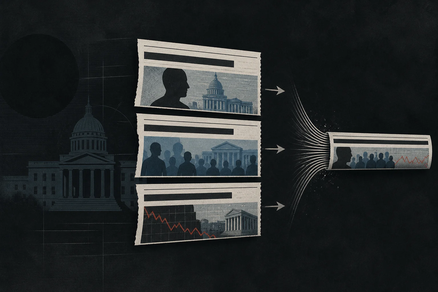Editorial illustration of separate newspaper panels being compressed into one headline