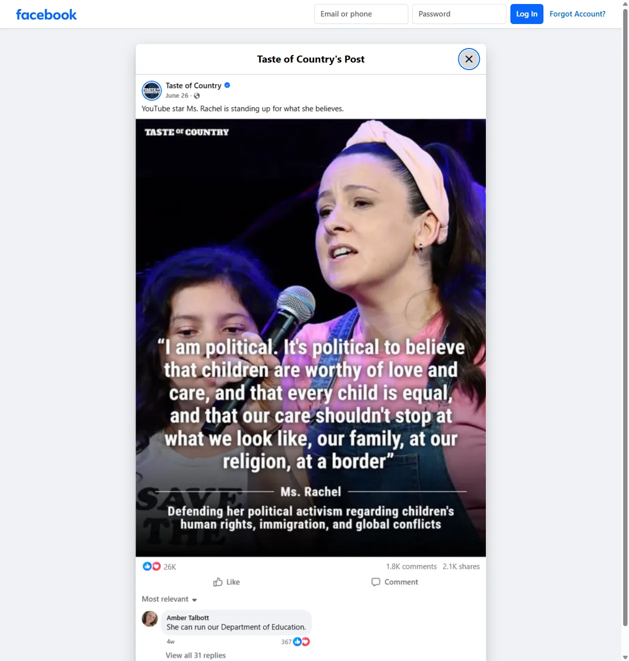 Facebook: "YouTube star Ms. Rachel is standing up for what she believes" - The Taste of Country