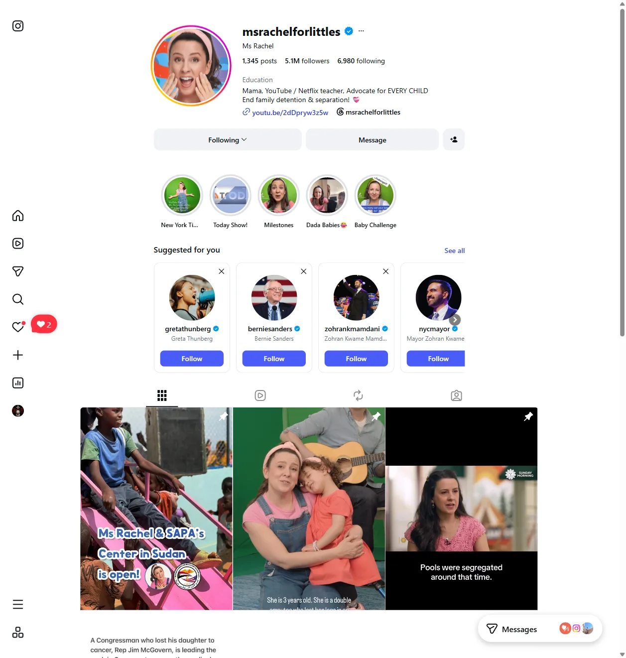 Ms. Rachel's Instagram: 5.1M followers, "Mama, YouTube / Netflix teacher, Advocate for EVERY CHILD"
