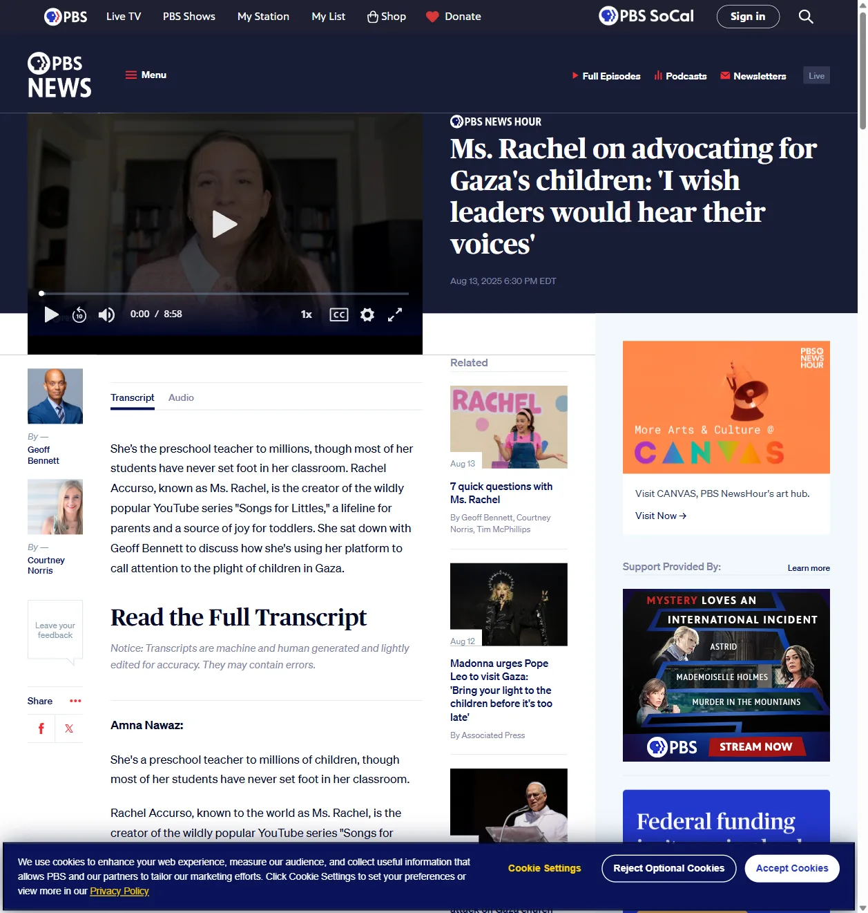 PBS NewsHour: "Ms. Rachel on advocating for Gaza's children: I wish leaders would hear their voices"