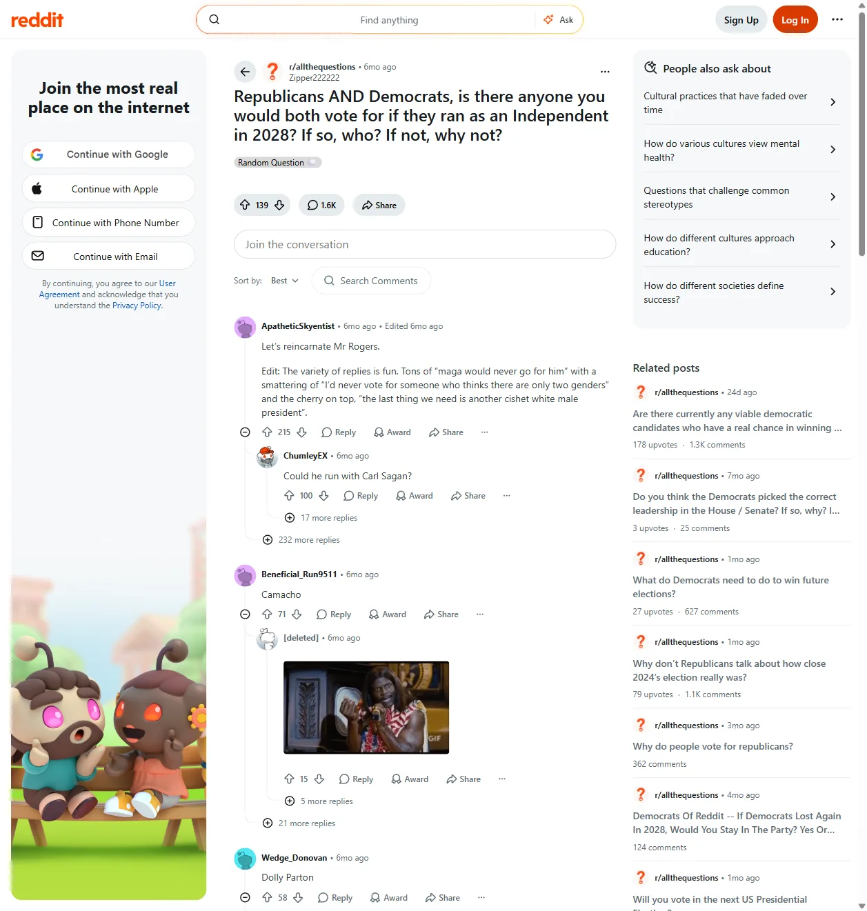 Reddit r/allthequestions: "Republicans AND Democrats, is there anyone you would support for president?"