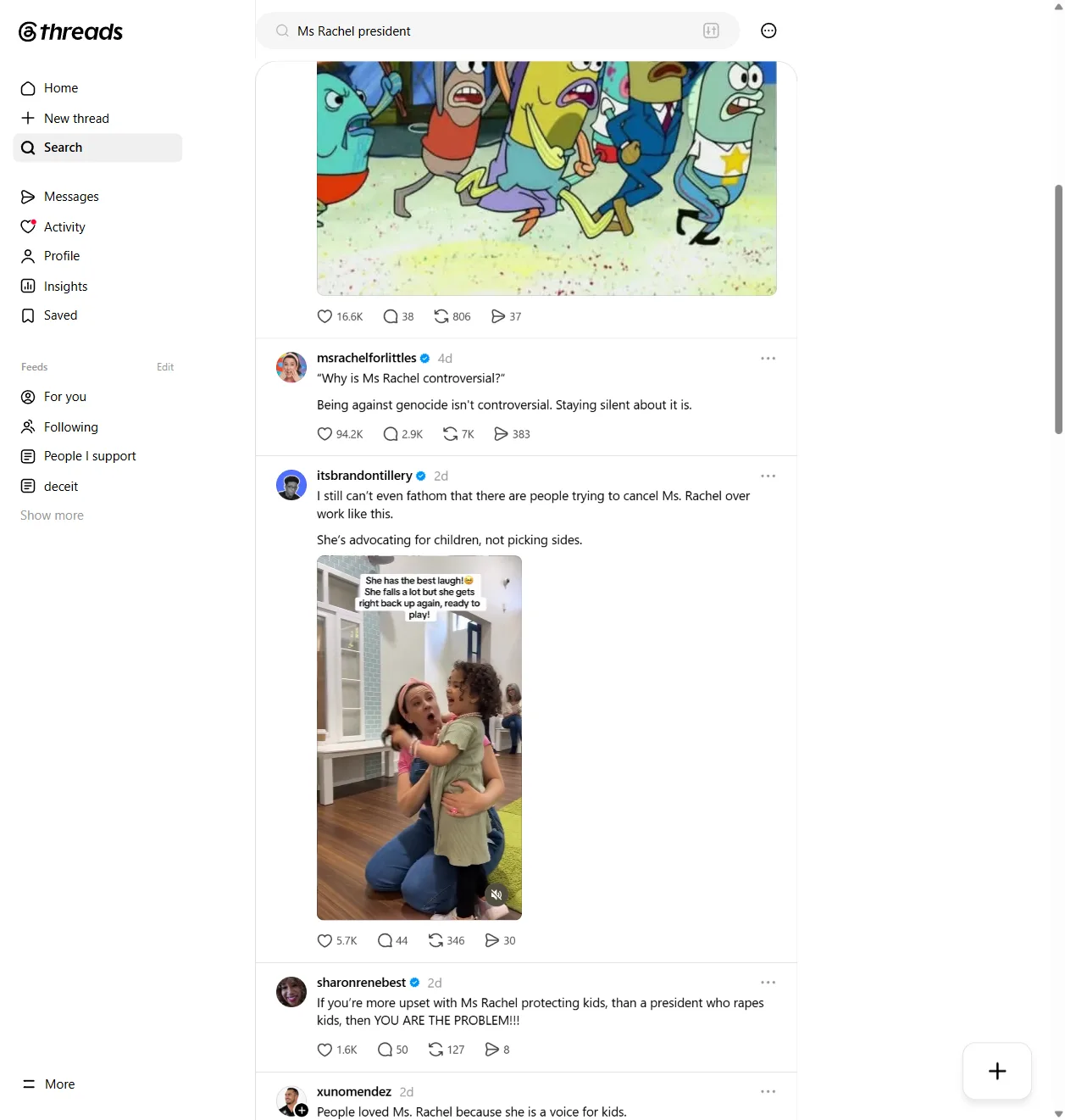 Threads search: "Ms Rachel president", more results from regular people