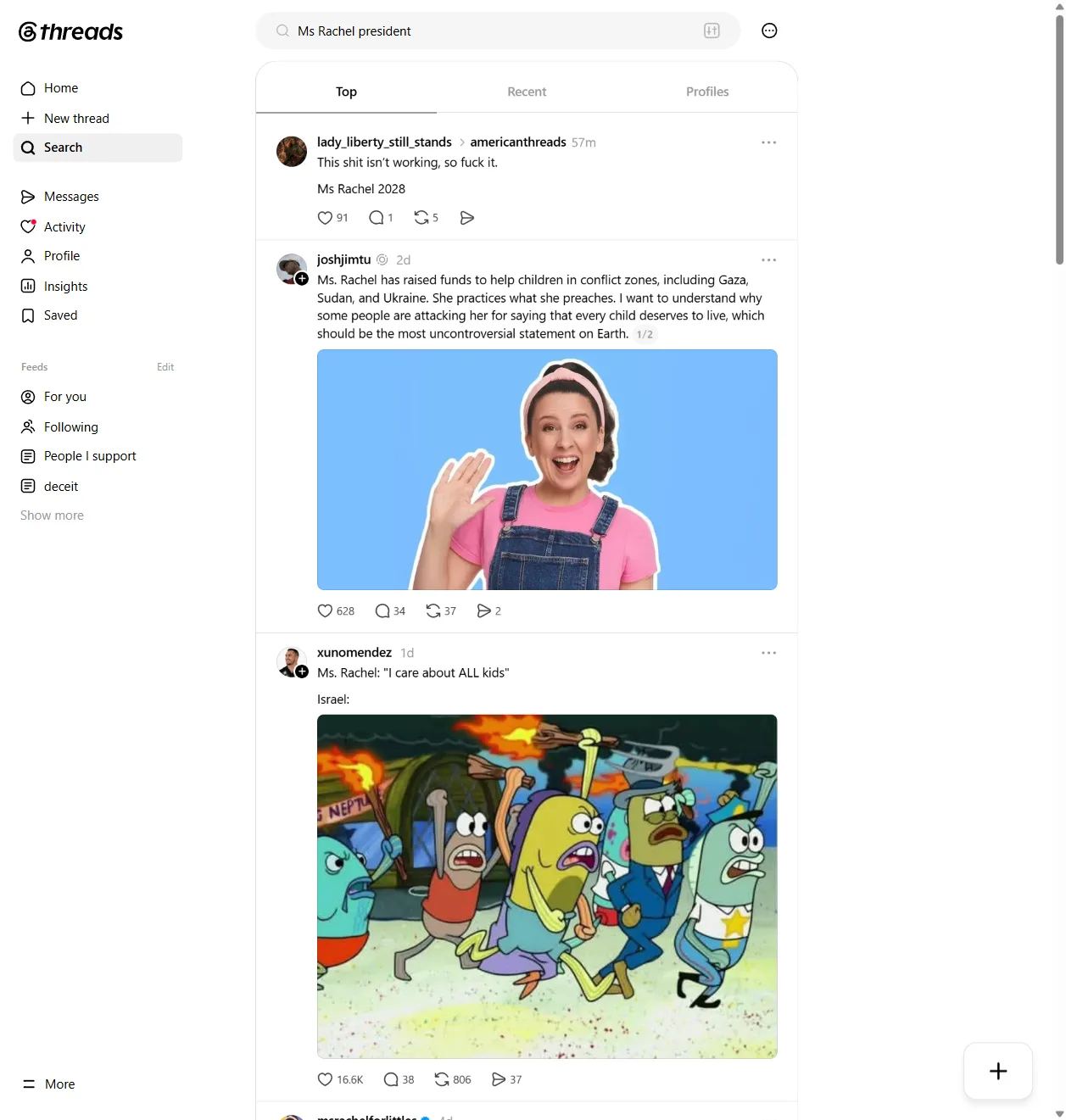 Threads search: "Ms Rachel president" - regular people calling for her to run