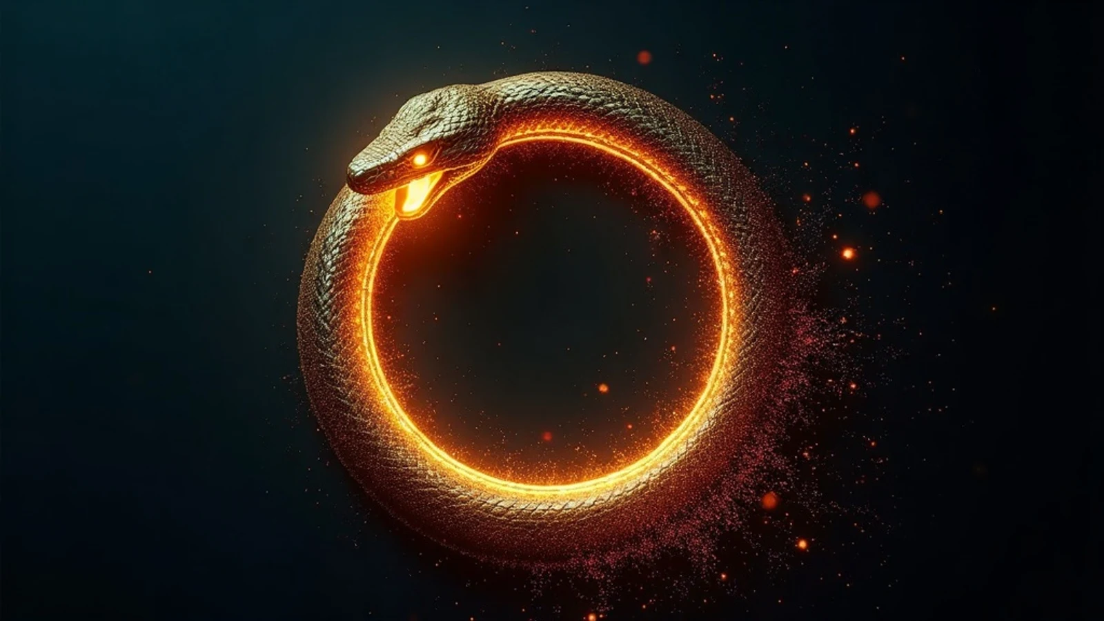 A serpent eating its own tail rendered as a glowing circuit ring, one half degrading into pixelated static