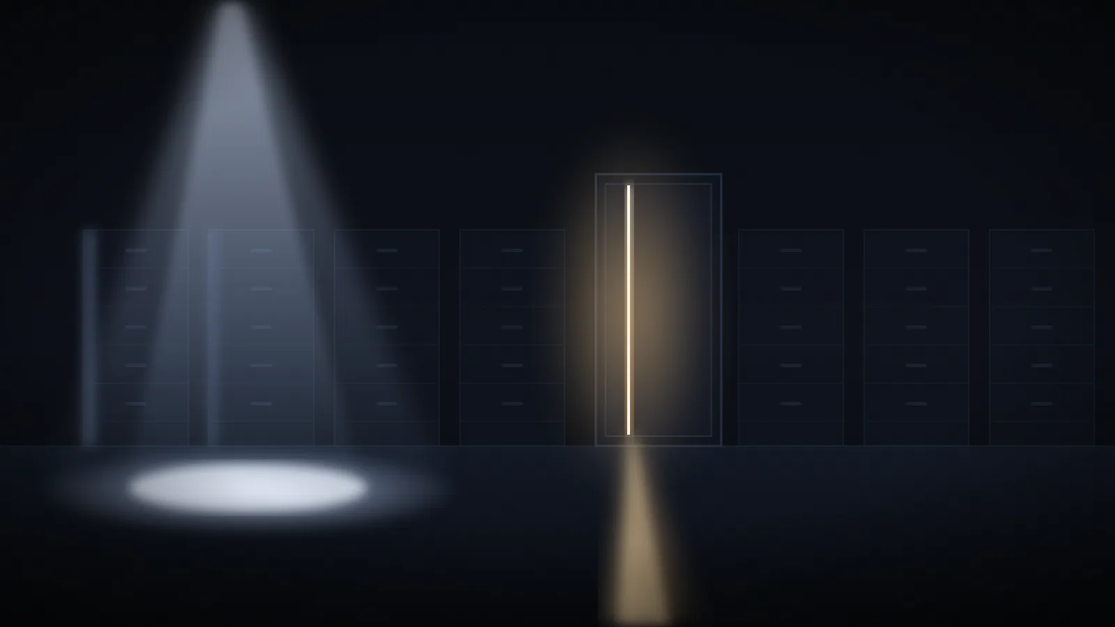 A dark archive room: a cold spotlight pools on an empty stretch of floor while warm light escapes through the seam of a barely open records door between rows of file cabinets.