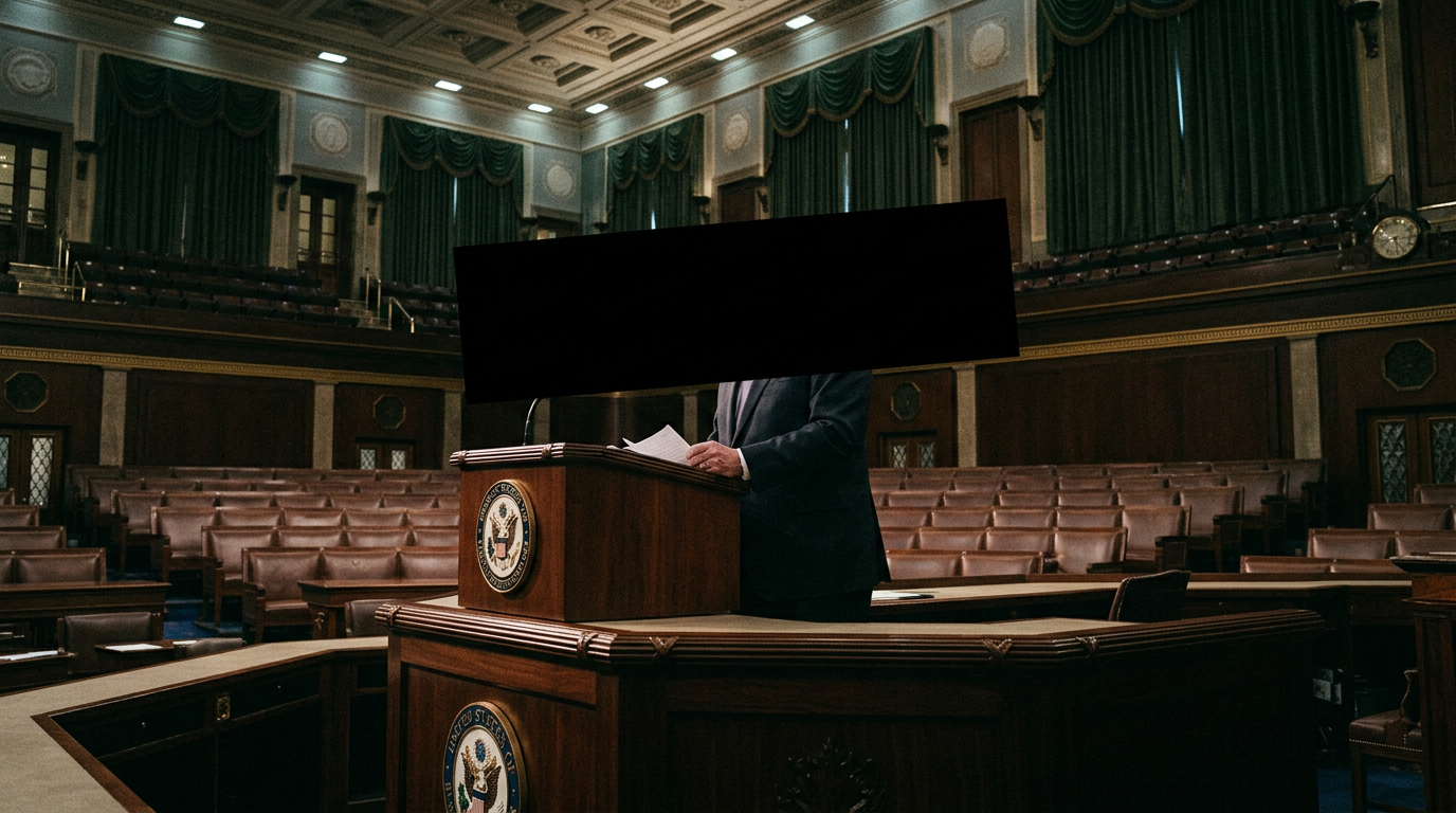 A silhouetted figure at the Speaker's rostrum with a black censorship bar over the head and torso.