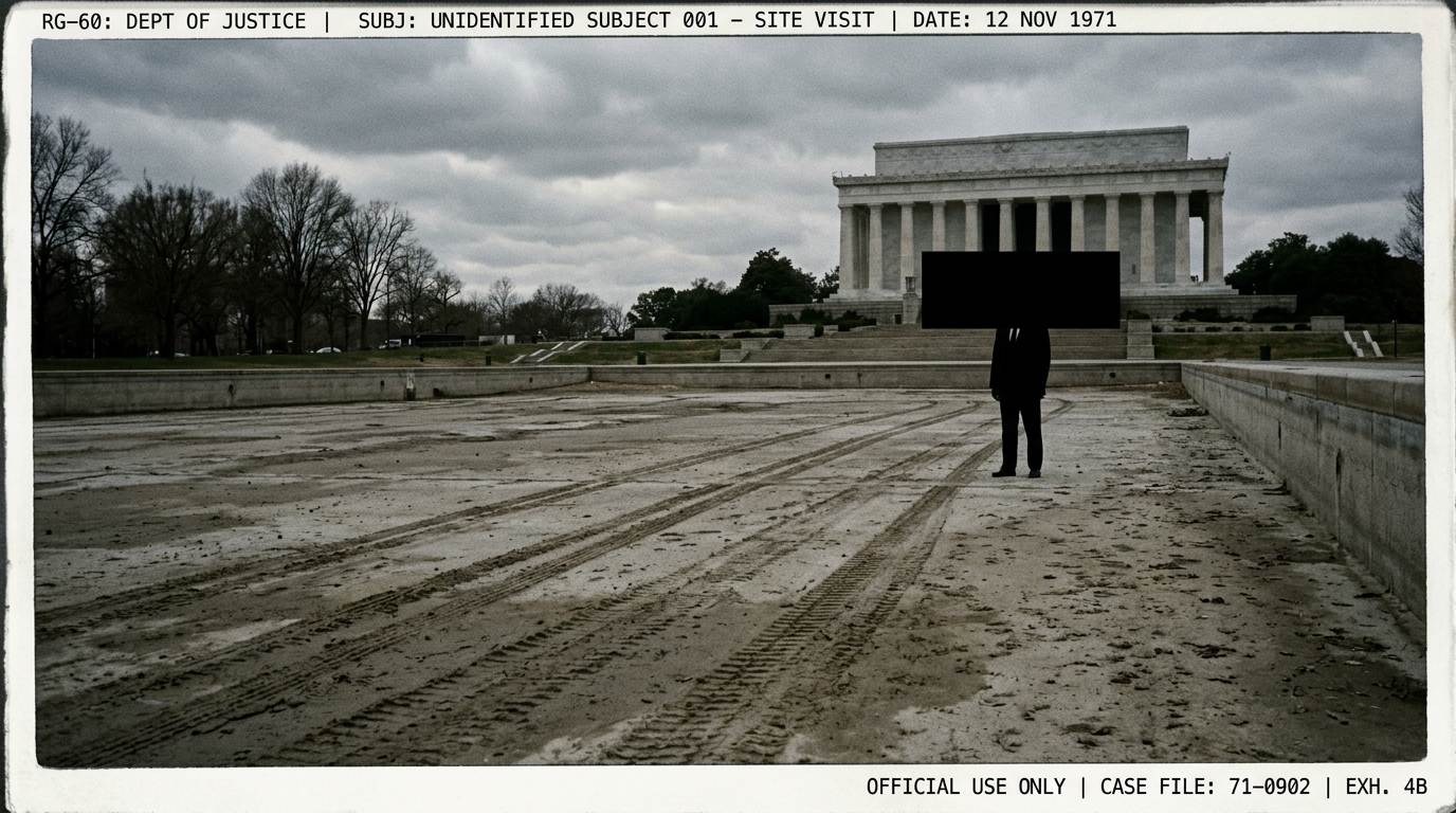 A drained reflecting pool with tire tracks and a silhouetted figure whose face is covered by a black censorship bar.
