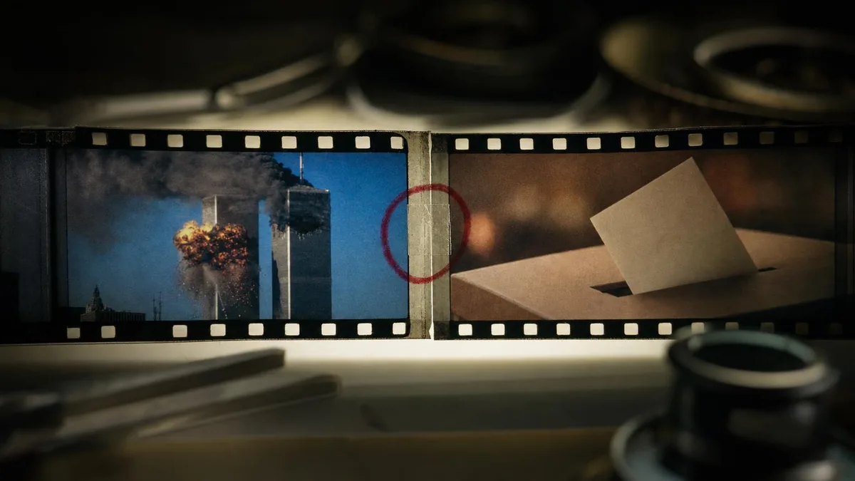 Illustration: a strip of film on a light table. A frame of the burning twin towers is spliced to a frame of a ballot going into a ballot box, and the splice is circled in red grease pencil.