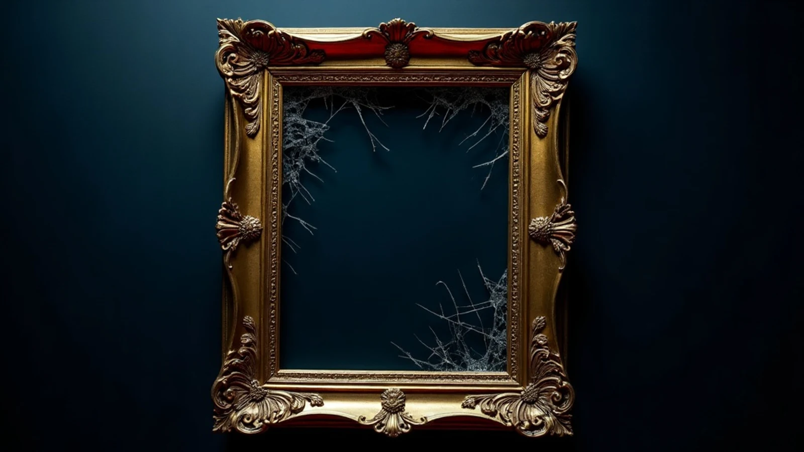 An ornate gold picture frame standing empty, cracks spreading across where the image should be