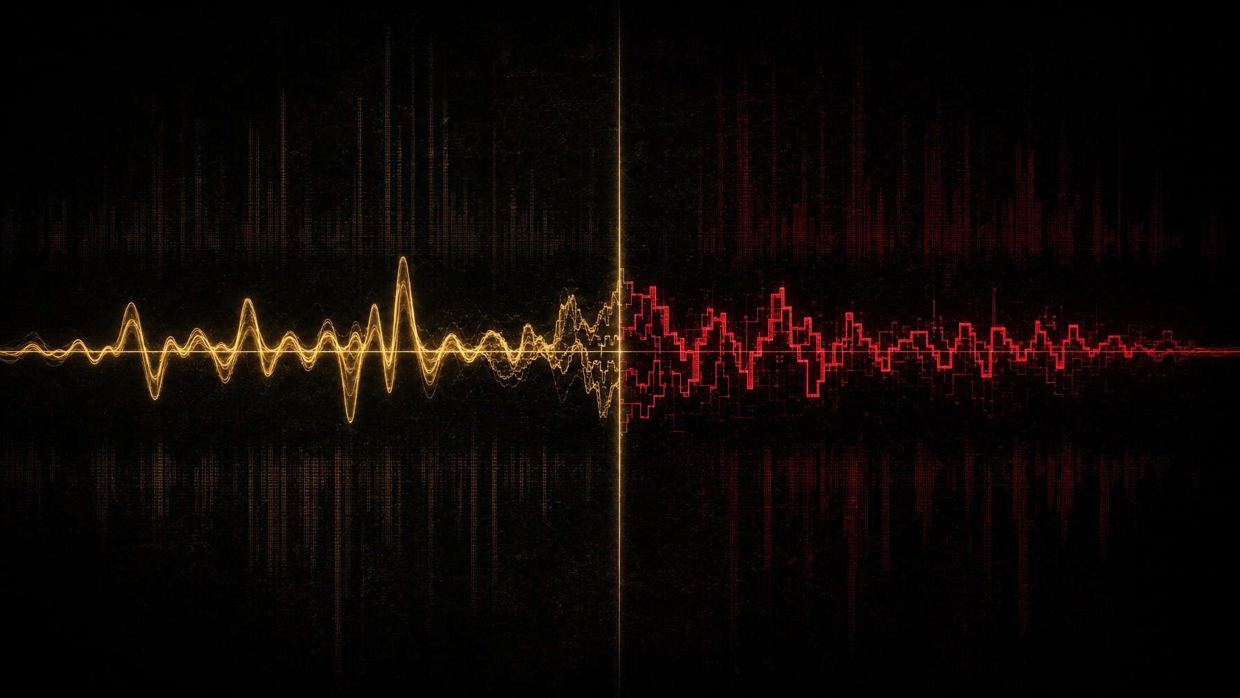 Voice cloning scam — a soundwave morphing from real to synthetic