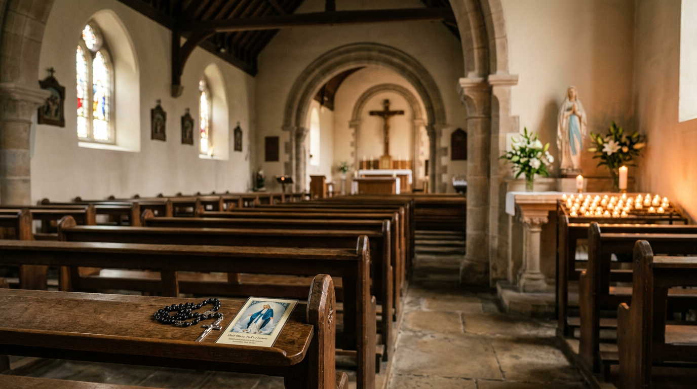 Quiet candlelit Catholic chapel with a holy card and rosary