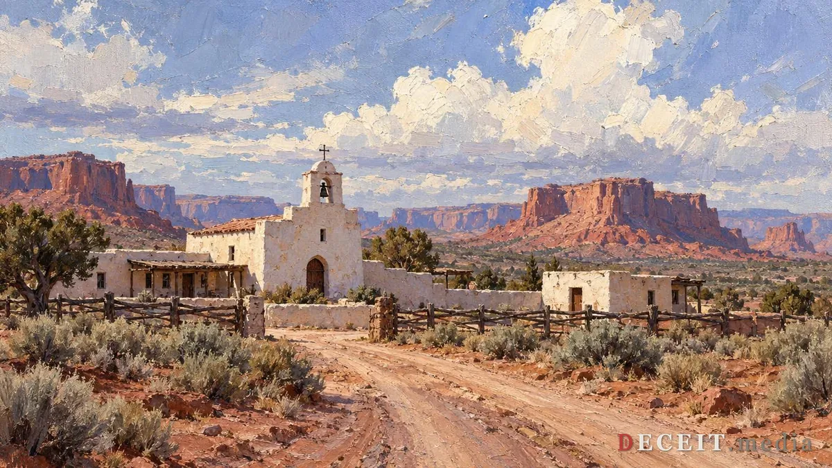 Illustration: a remote desert compound under a huge pale sky, a small white chapel with a bell tower, a few low buildings, a fenced yard and a dirt road running in.