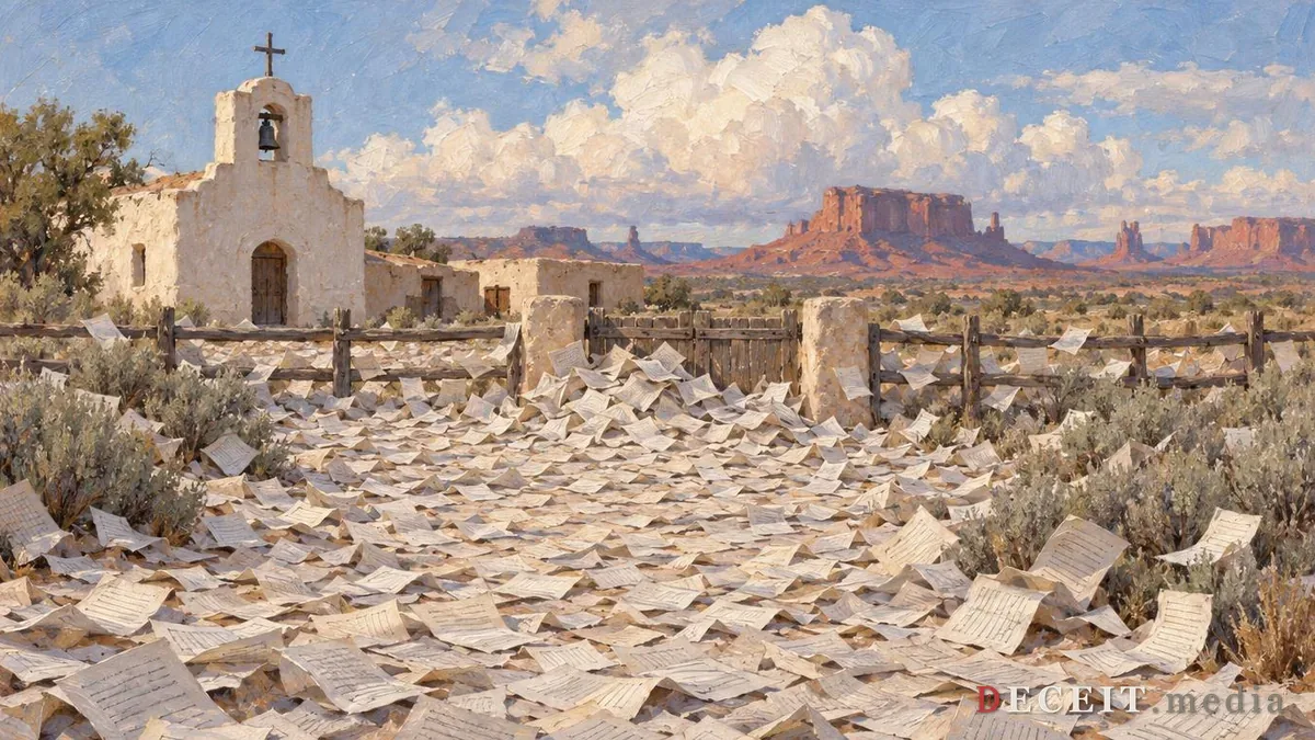 Illustration: the same compound with thousands of weathered paper reports drifting across the road and piling against the gate, not one of them opened.