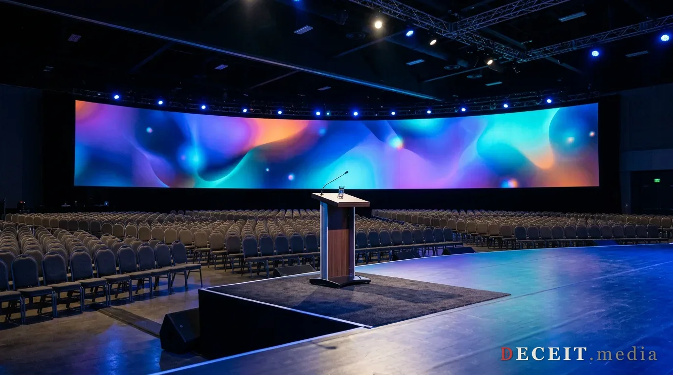 A corporate technology keynote stage before an empty audience.