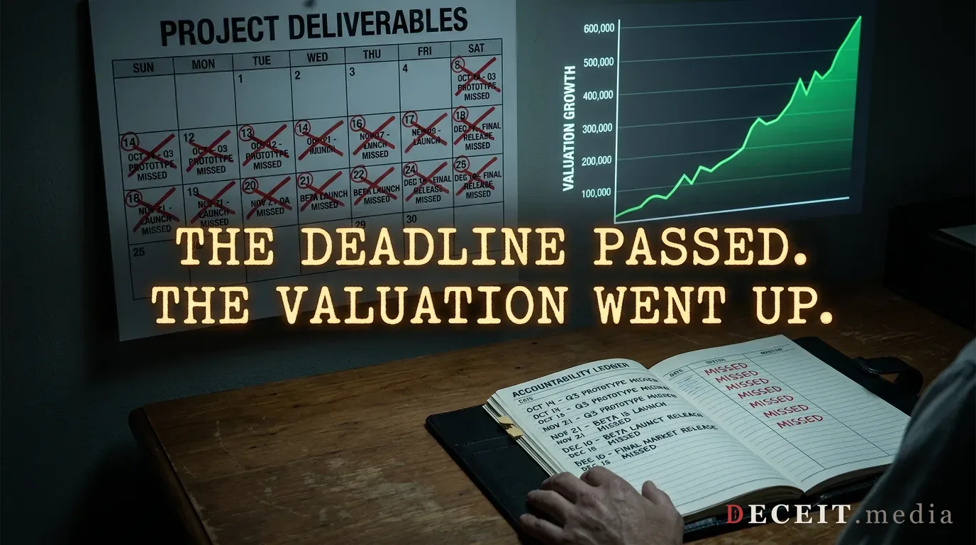 A ledger of missed automation deadlines beside a valuation graph climbing anyway.