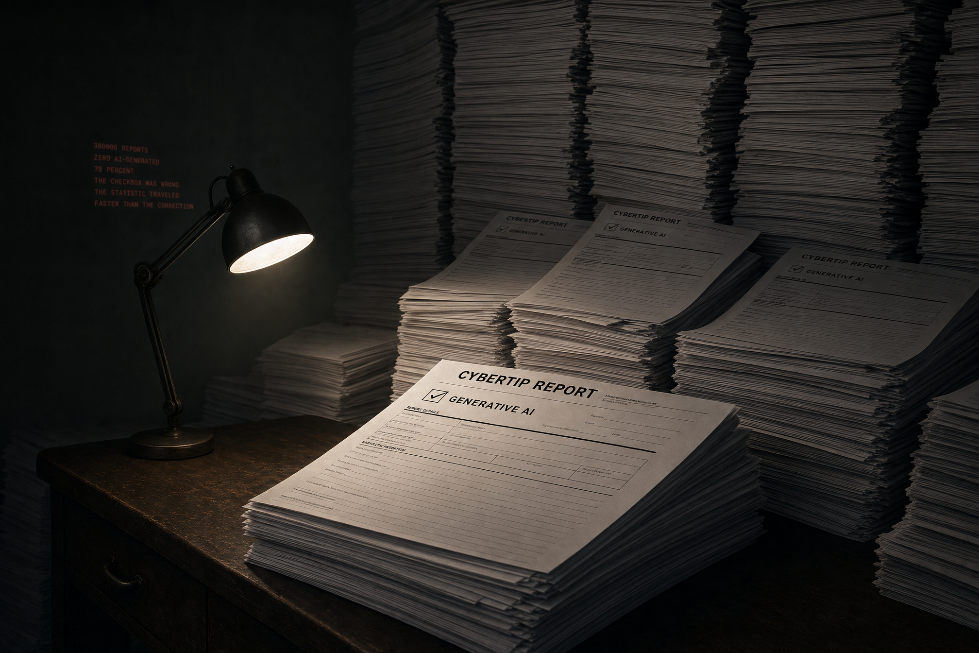 A massive government form titled CYBERTIP REPORT with a single checkbox labeled GENERATIVE AI, buried under thousands of identical forms stacked into darkness. Small red text on the wall: 380000 REPORTS, ZERO AI-GENERATED, 78 PERCENT, THE CHECKBOX WAS WRONG.