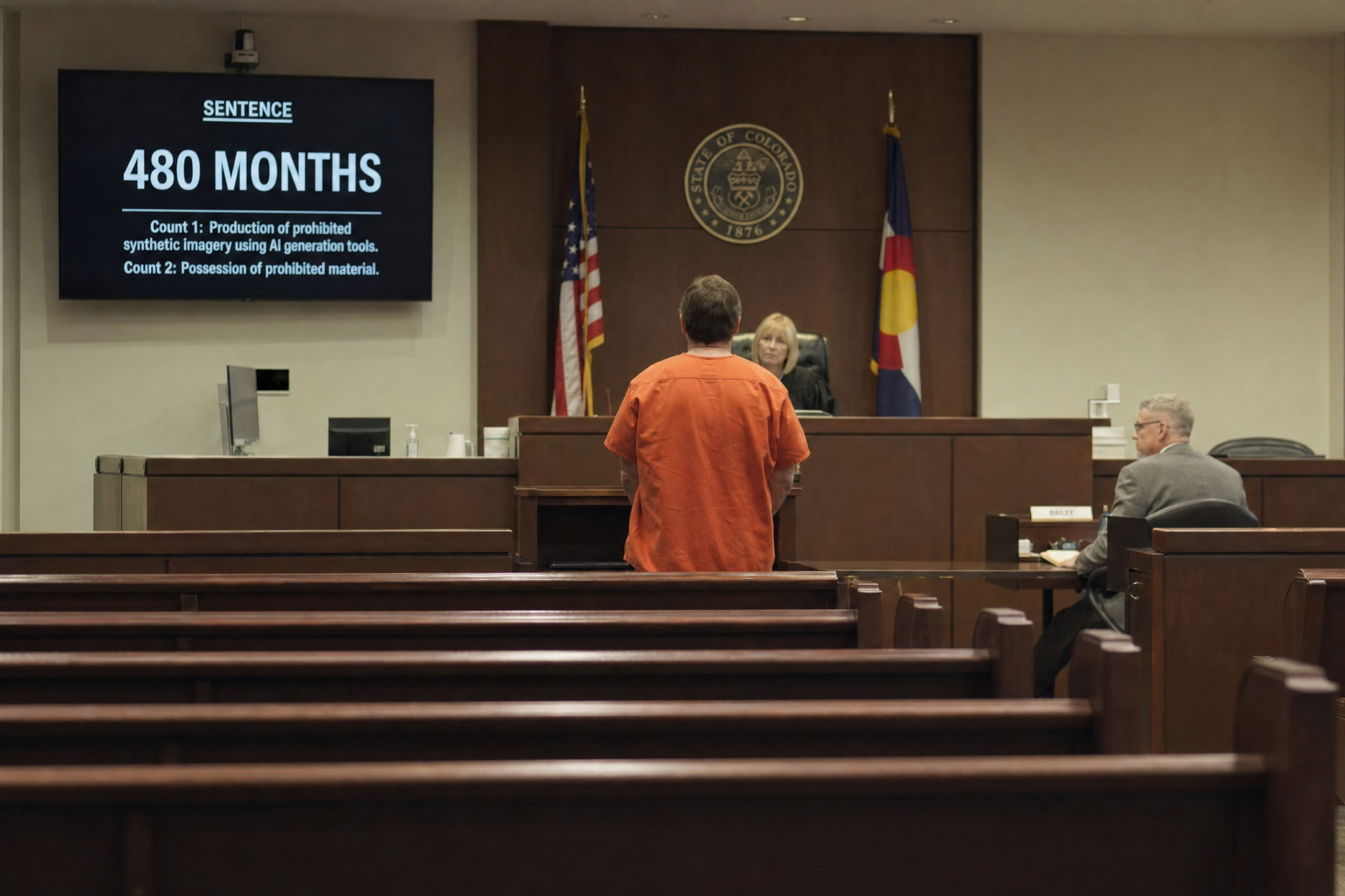 A courtroom sentencing. View from the gallery. A defendant stands at a podium, back to camera, facing a judge. An ordinary-looking man in an orange jumpsuit, middle-aged, unremarkable. On a screen beside the judge: 480 months. Count 1: Production of prohibited synthetic imagery using AI generation tools. Count 2: Possession of prohibited material. The man is ordinary. The sentence is 40 years. The courtroom is half empty. The victims were not in the courtroom. The victims were in the photos that were in the algorithm that was in the case that was in the courtroom.