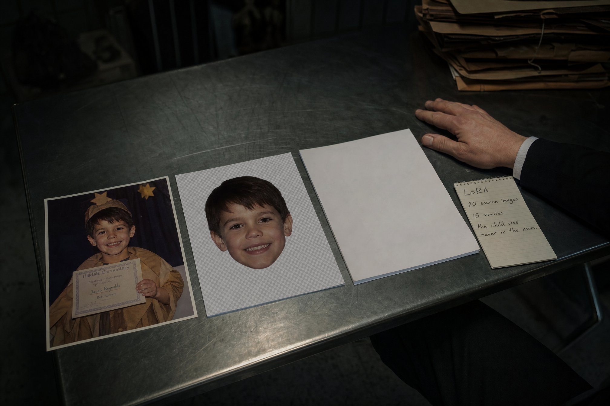 A dark evidence room. On a metal table, three images in sequence: a normal school photo of a child, the same face extracted as a flat data texture, and a third image turned face-down. A detective’s notepad reads: LoRA, 20 source images, 15 minutes, the child was never in the room.