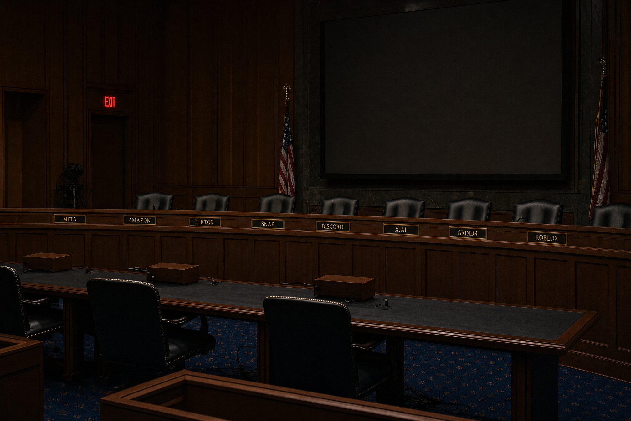 An empty Senate Judiciary Committee hearing room at night. Eight brass name plates on the dais: META, AMAZON, TIKTOK, SNAP, DISCORD, X.AI, GRINDR, ROBLOX. The witness table is empty. A single red emergency exit sign glows above the door. The hearing happened. The companies sent lawyers. The lawyers promised improvements. The room is empty now.