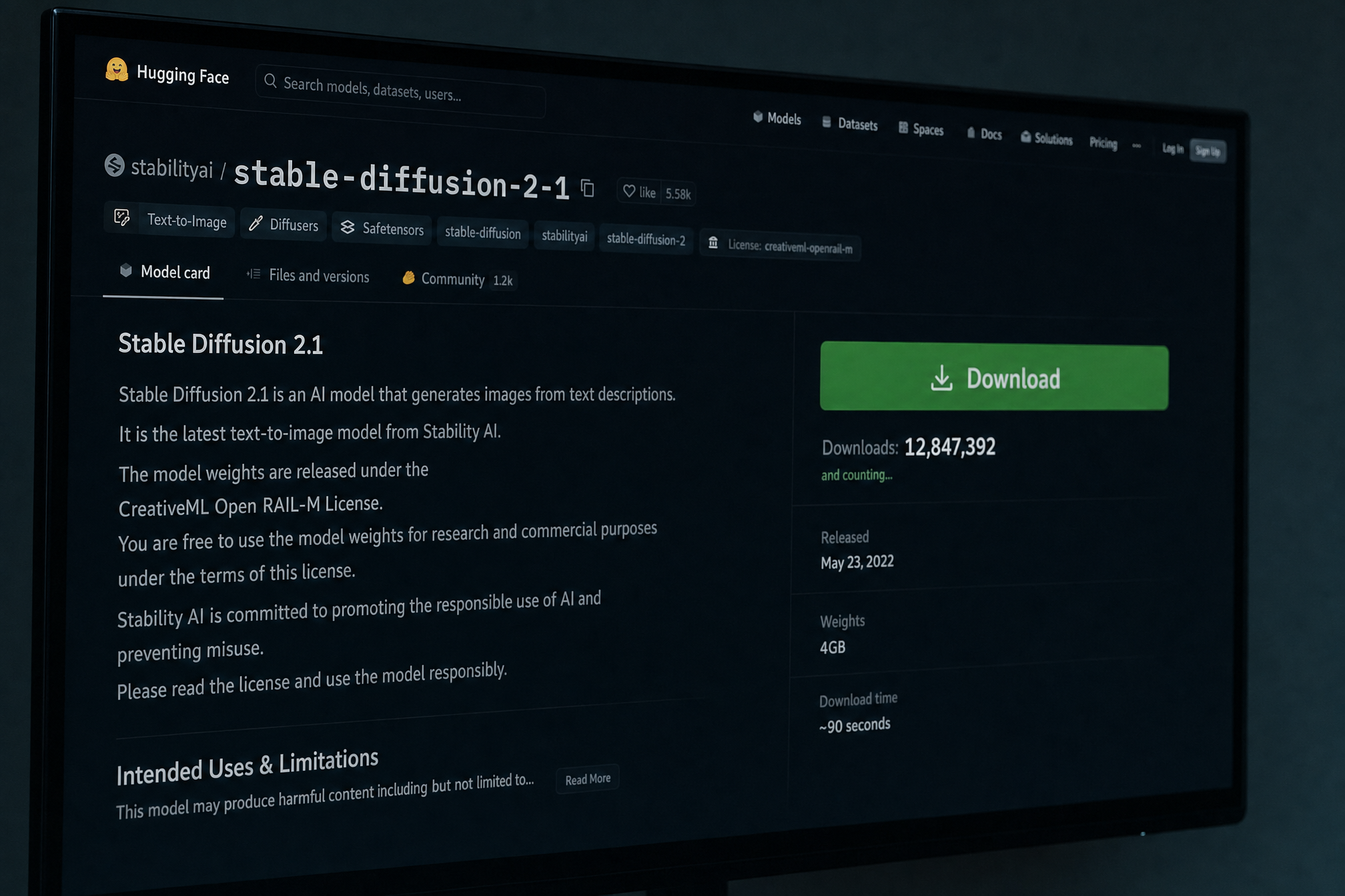 A HuggingFace model repository page on a monitor. The model: stable-diffusion-2-1. A large green Download button. Below it: Downloads: 12,847,392. The counter is still going up. At the bottom, in small gray text: This model may produce harmful content including but not limited to… The text is cut off. You have to click Read More. No one clicks Read More. The download counter is at 12 million. The safety warning is below the fold. The weights are 4GB. The download takes 90 seconds. The counter is still going up.