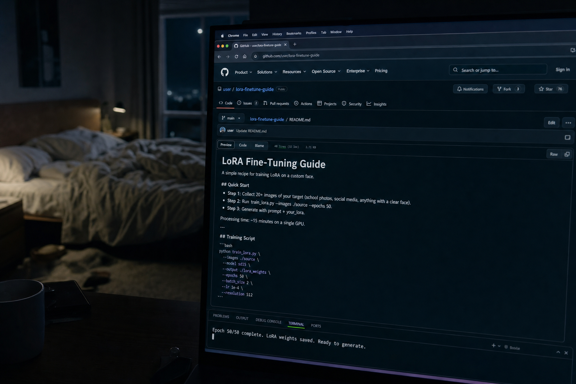 A GitHub repository README for a LoRA fine-tuning guide, displayed on a screen in a dark bedroom at 2 AM. The guide is written in casual tutorial tone: Step 1: Collect 20+ images of your target (school photos, social media, anything with a clear face). Step 2: Run train_lora.py. Step 3: Generate. Processing time: ~15 minutes on a single GPU. The terminal shows: Epoch 50/50 complete. LoRA weights saved. Ready to generate. The guide is written like a recipe. The horror is the casualness.