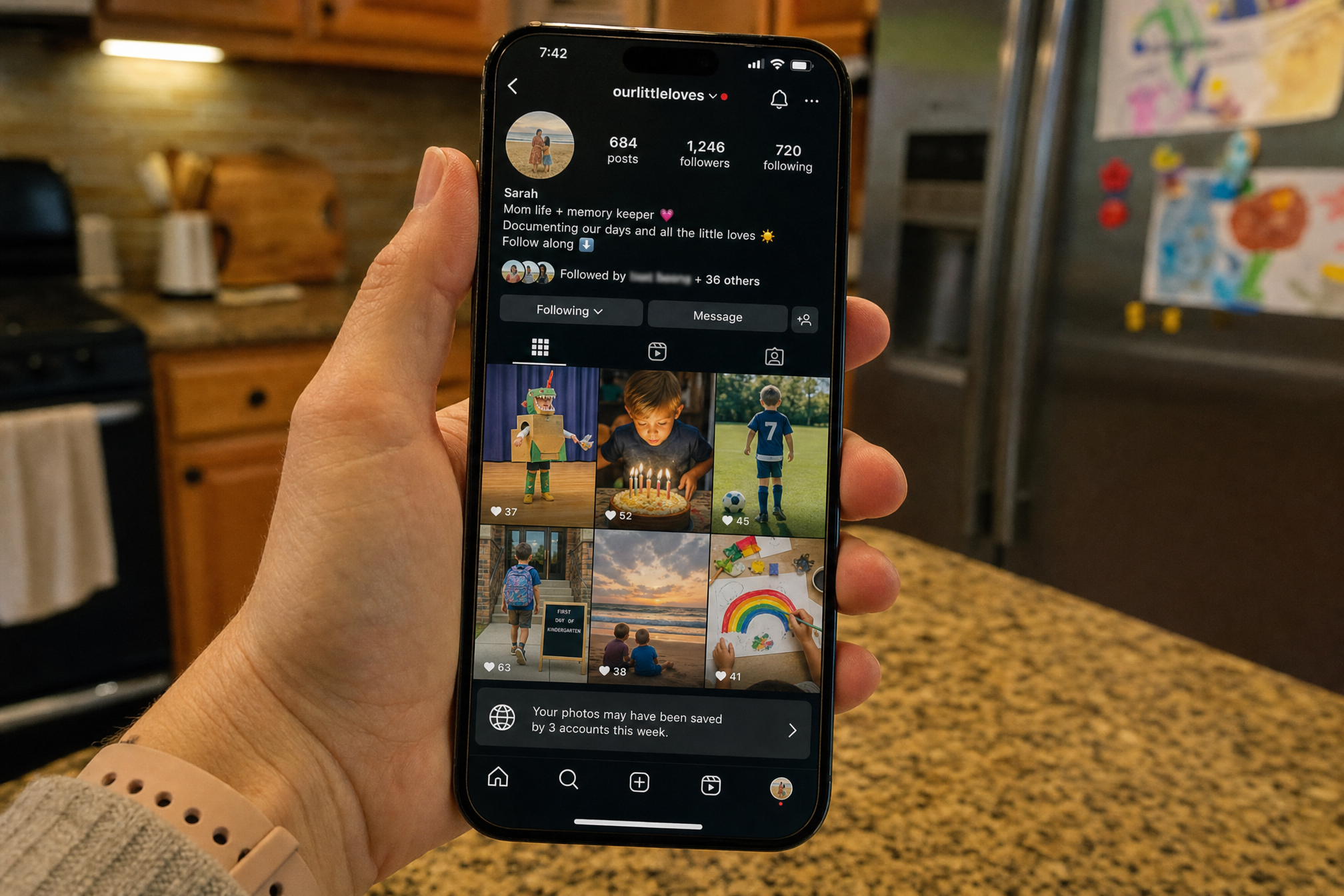 A phone screen held in a parent’s hand at a kitchen counter. An Instagram profile showing normal family photos: a school play, a birthday, a soccer game, the first day of school. The account is public. A notification reads: Your photos may have been saved by 3 accounts this week. The parent does not know that 20 of these photos were downloaded, cropped to the child’s face, placed in a folder called training_set_20img, and used to train a LoRA that generated 1,247 images in 15 minutes. The photos are still public. The parent is still posting.