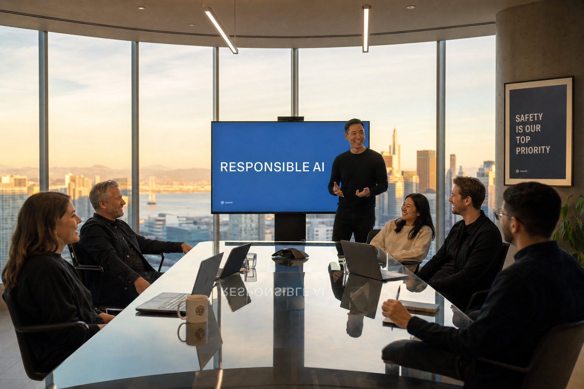 A sleek AI company conference room at golden hour. A presentation screen reads RESPONSIBLE AI. Executives smile around a glass table. A framed poster reads SAFETY IS OUR TOP PRIORITY. The image the company wants you to see.