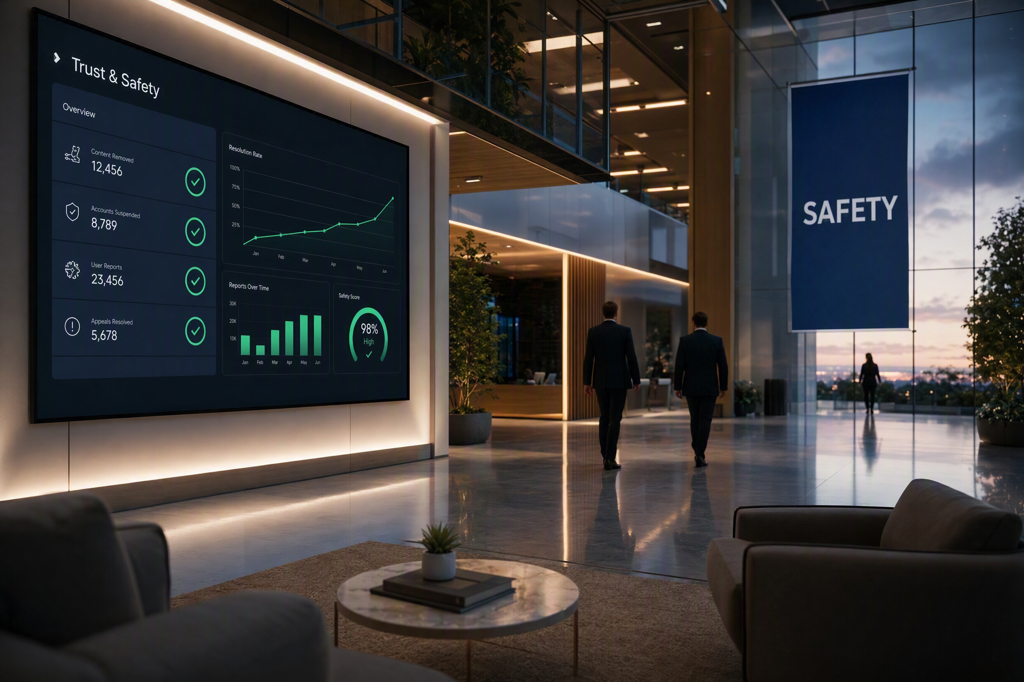 A polished corporate Trust & Safety dashboard with green checkmarks and rising graphs. The aesthetic of a company that wants you to know it is handling the problem.