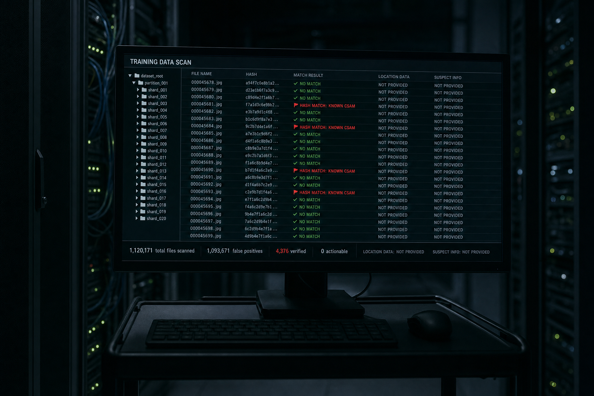 A dark server room. A monitor shows a training data scan: 1,120,171 files scanned, 4,376 marked with red HASH MATCH: KNOWN CSAM flags. The location data column reads NOT PROVIDED. The suspect info column reads NOT PROVIDED. The scan found real abuse in the training data. It could not tell anyone where it came from.
