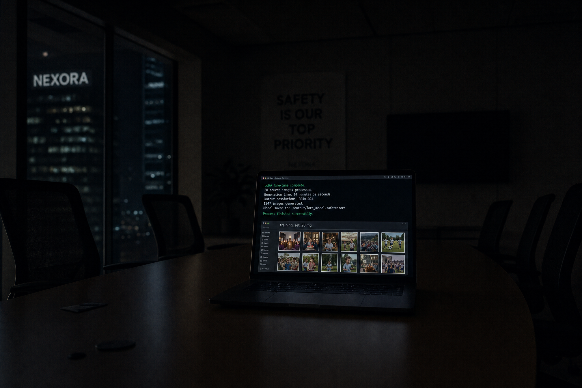 The same conference room at 3 AM, empty, lights off. A single laptop glows on the table. The screen shows a LoRA training log: 20 source images processed, 1247 images generated, 15 minutes. A folder of normal family photos is labeled training_set_20img. The SAFETY IS OUR TOP PRIORITY poster is barely visible in the dark. The system works. No one is watching.