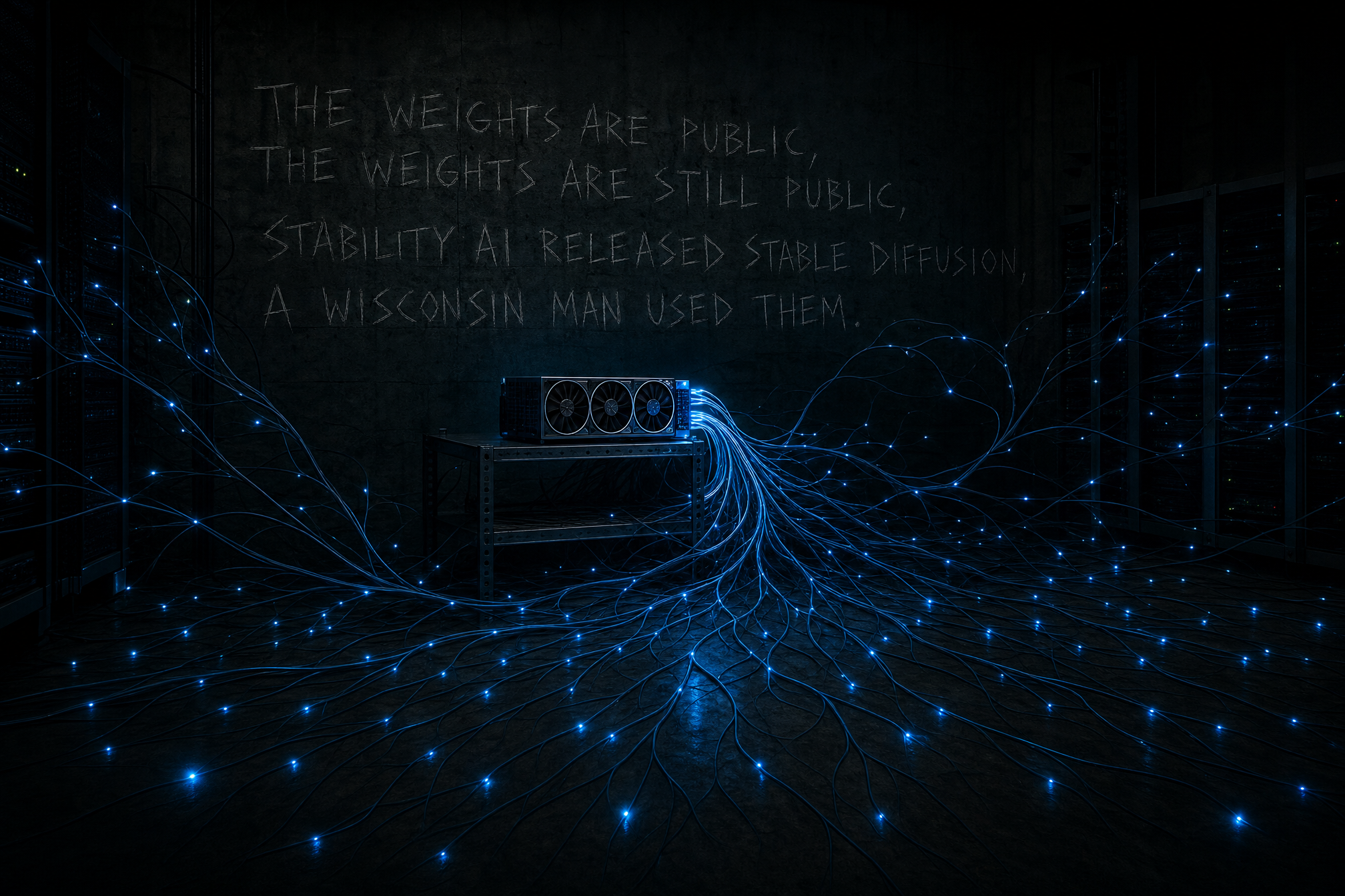 A dark server room with a single GPU glowing blue. Fiber optic cables spread outward like roots, thousands of blue points of light multiplying into darkness. On the concrete wall, scratched in white graffiti: THE WEIGHTS ARE PUBLIC, THE WEIGHTS ARE STILL PUBLIC, STABILITY AI RELEASED STABLE DIFFUSION, A WISCONSIN MAN USED THEM. The roots are spreading. The GPU is the seed.