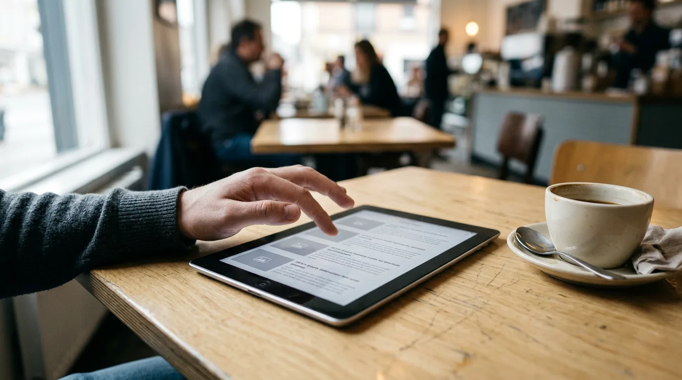 Hands scrolling a generic news feed on a tablet.