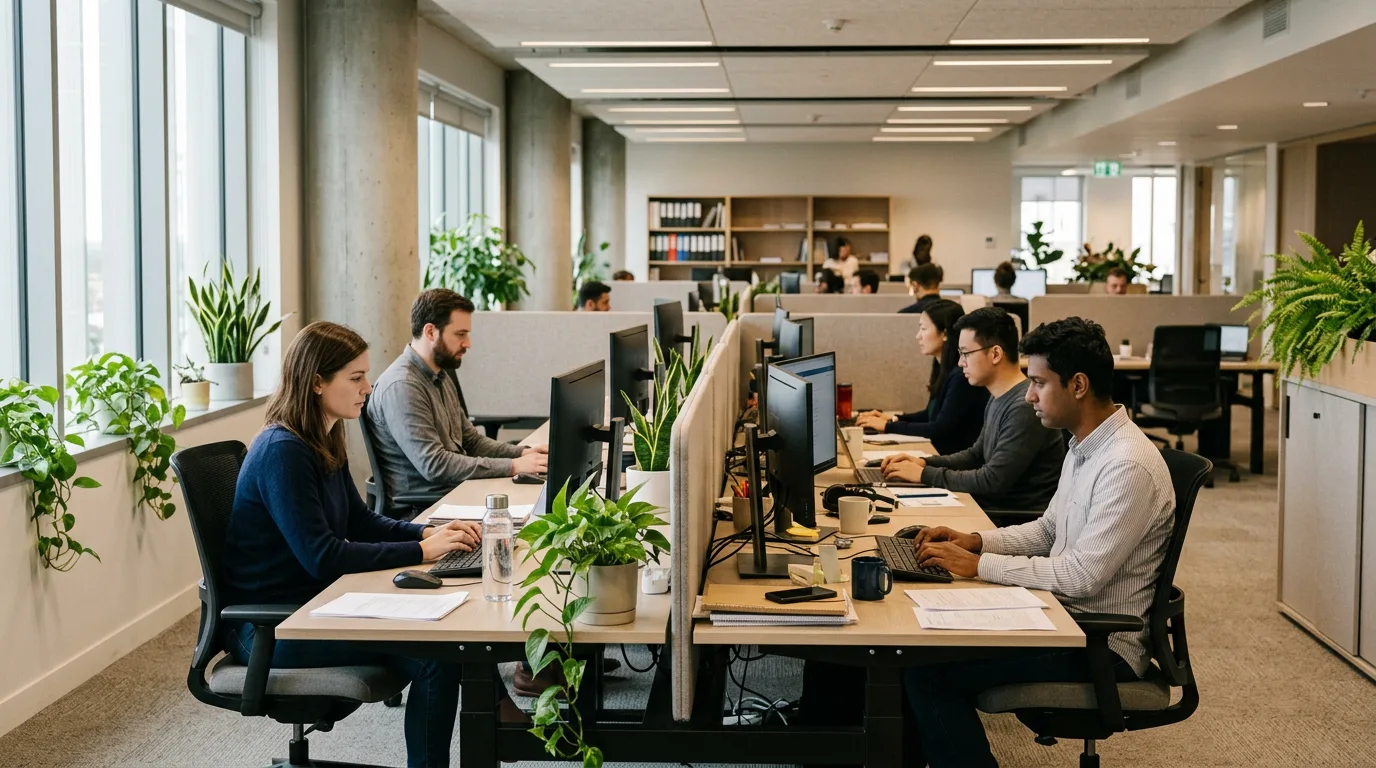 An ordinary open-plan office with workers at desks.