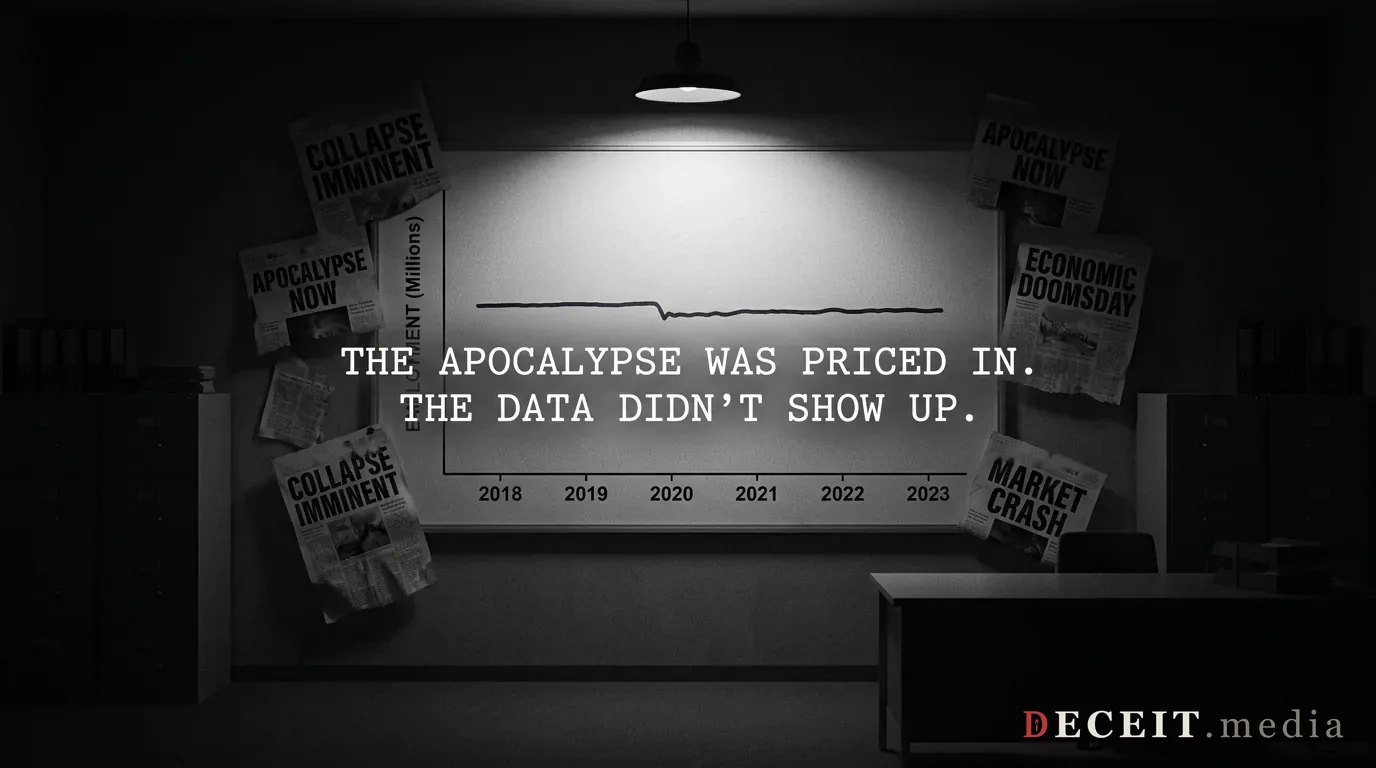 A flat, stable employment line surrounded by faded alarmist headlines.