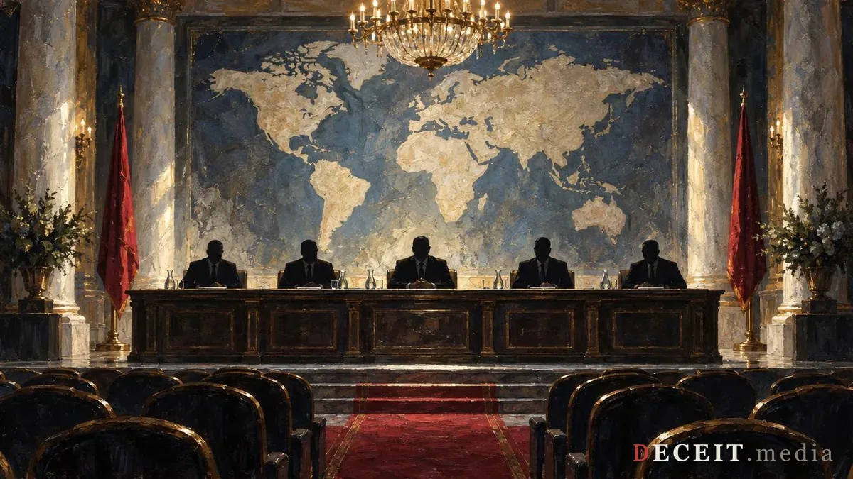 Illustration: an ornate conference hall with a row of faceless suited figures at a panel table beneath a softly lit world map.