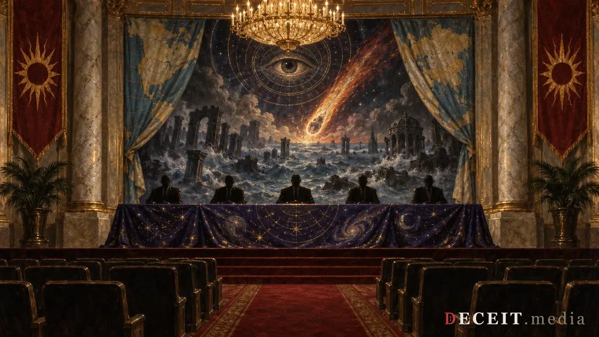 Illustration: the same hall with the world map pulled aside like a curtain to show a doomsday mural of a comet falling over drowned ruins beneath an all-seeing eye, and a star-flecked cosmic cloth draped over the panel table.