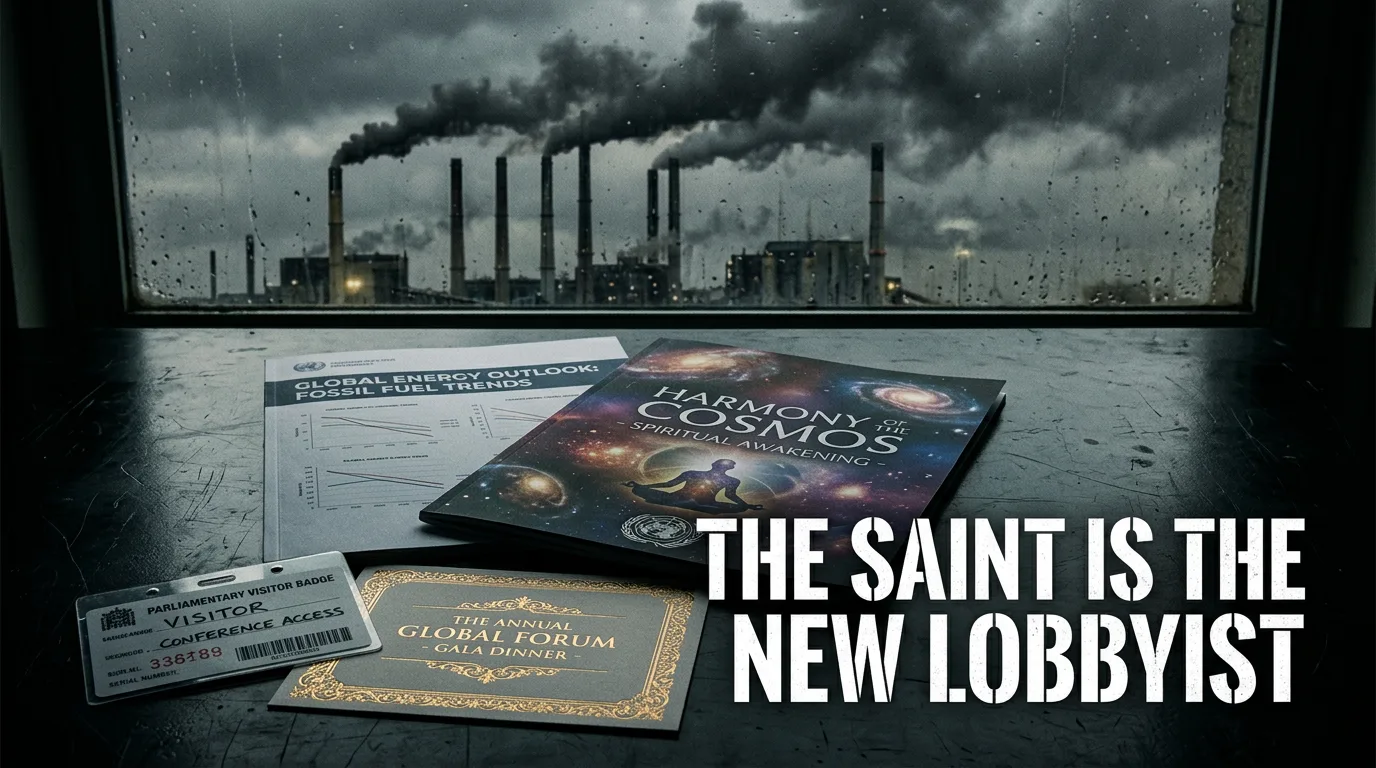 Spiritual branding draped over fossil-fuel-aligned climate denial, delivered inside parliamentary chambers.