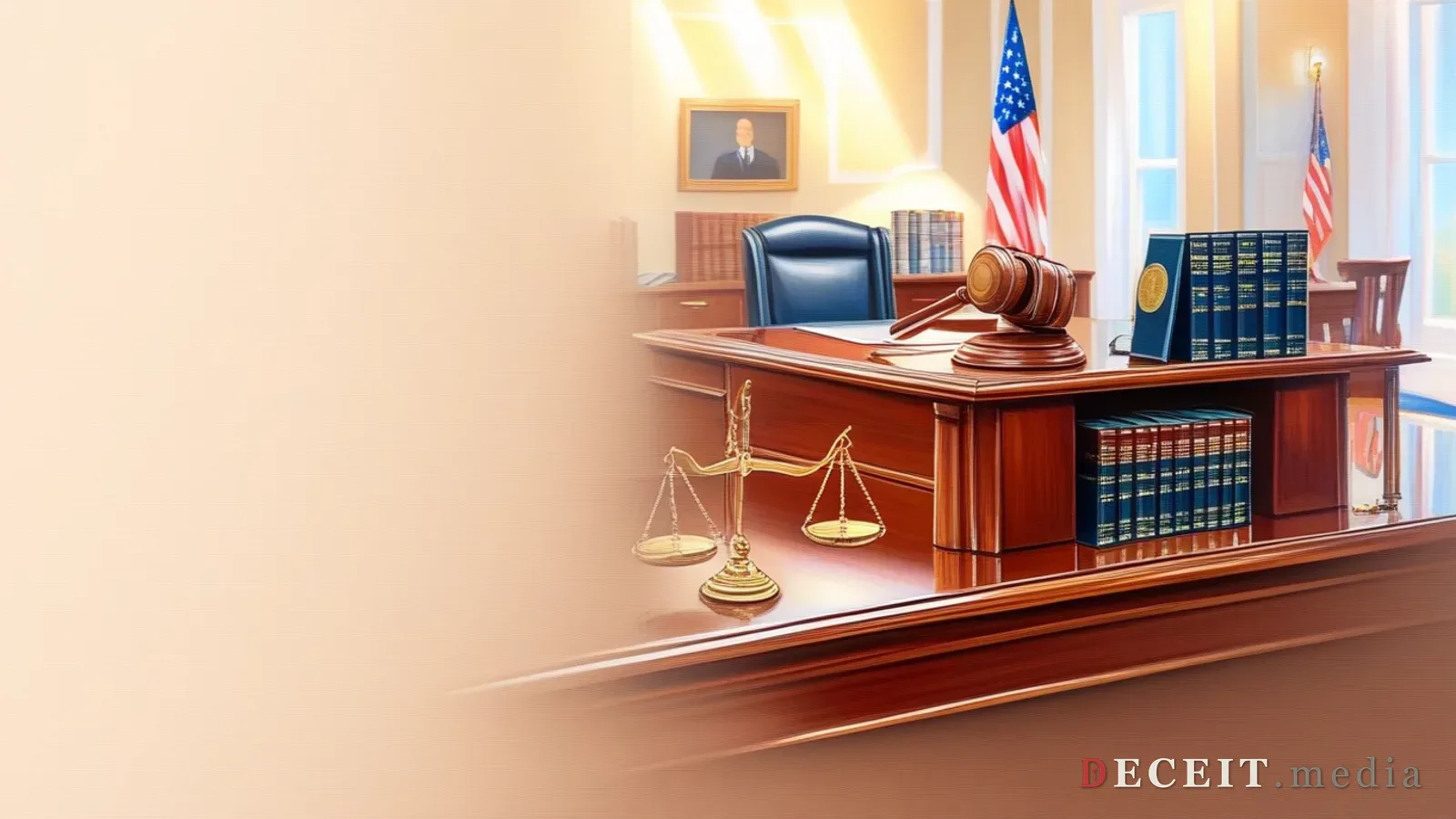 A clean, professional law firm. Scales of justice, a polished wooden gavel, bright lighting, American flag, legal books on a shelf. Just, orderly, principled.