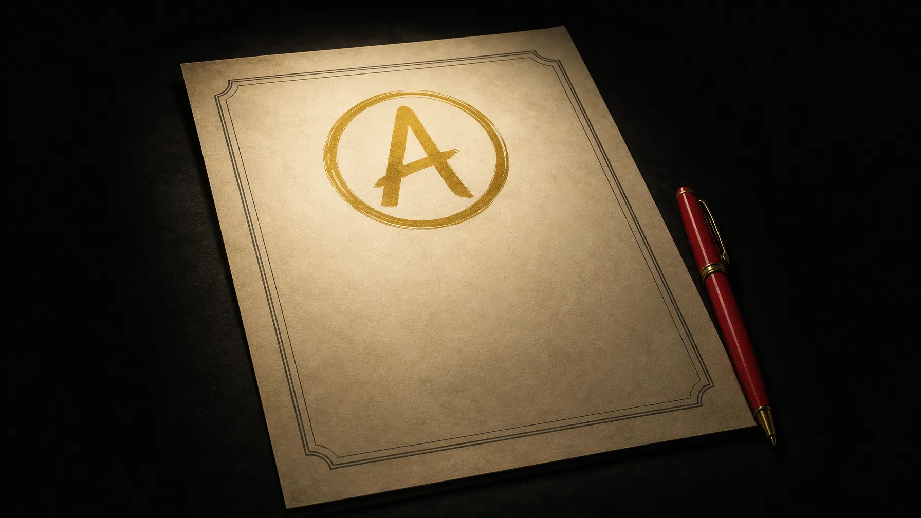 AI-generated editorial illustration: an official-looking exam paper with a bold gold circled letter grade at the top, a red pen resting beside it, a formal ruled border, warm reassuring institutional light.