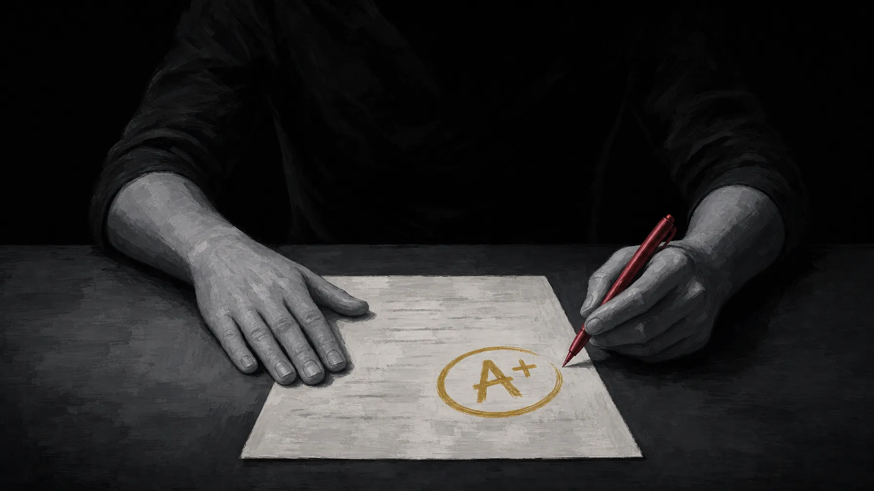 AI-generated editorial illustration: the same paper and grade, but the composition widens to show the arm holding the red pen belongs to the same faceless figure whose other hand rests on the paper being graded, one figure grading its own exam.