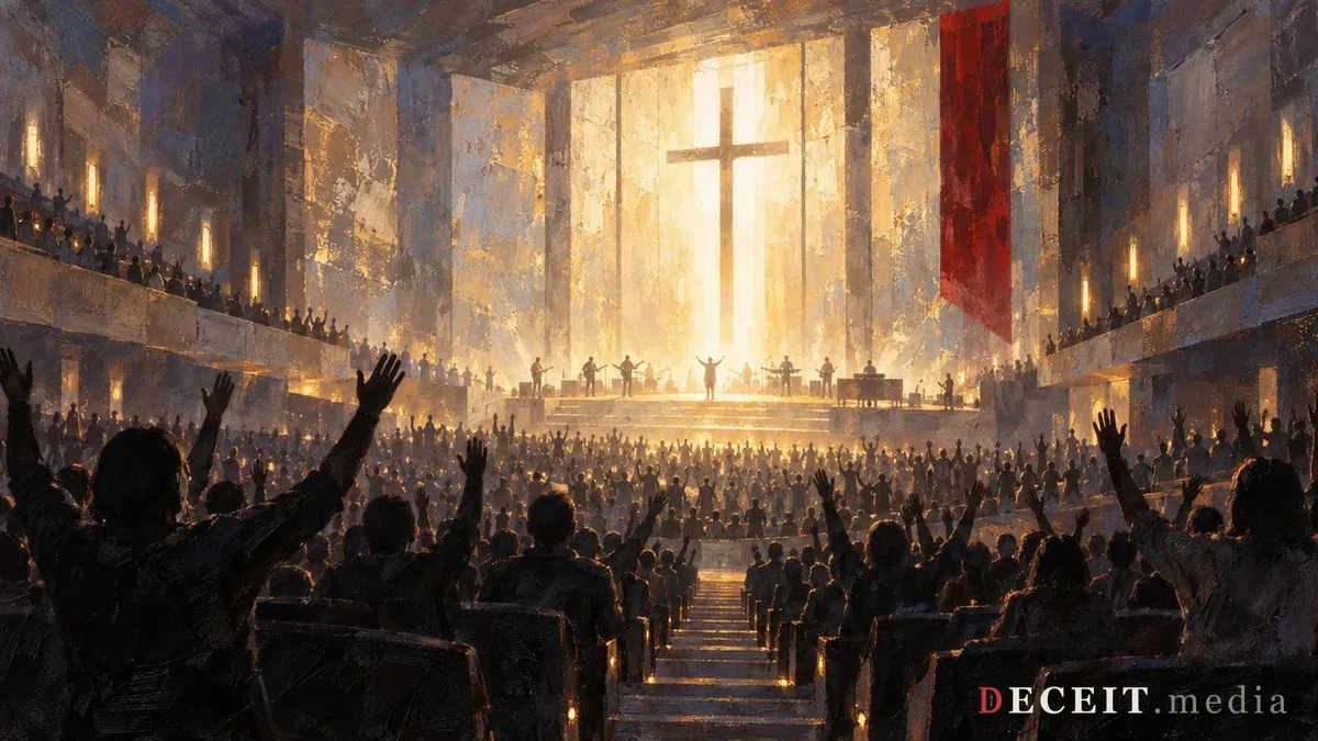 Illustration: a worship hall seen from the back, rows of faceless silhouettes with their hands raised under warm golden stage light.
