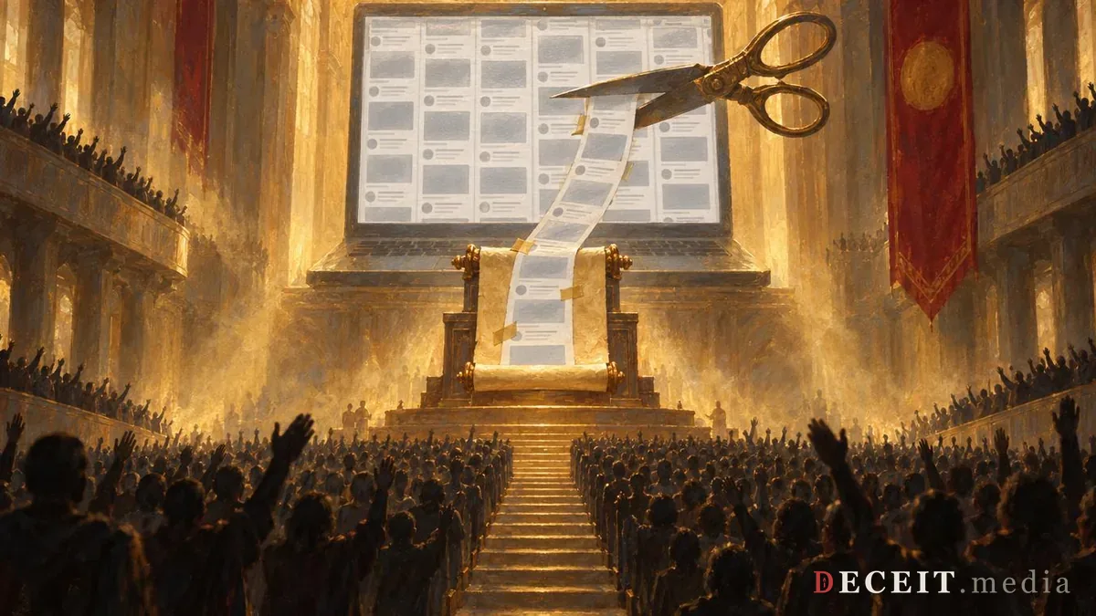 Illustration: the same hall where the stage backdrop has become a giant screen of blank grey posts, a pair of scissors cutting a strip from it, and the strip taped onto a gilded scroll unrolling over the pulpit.
