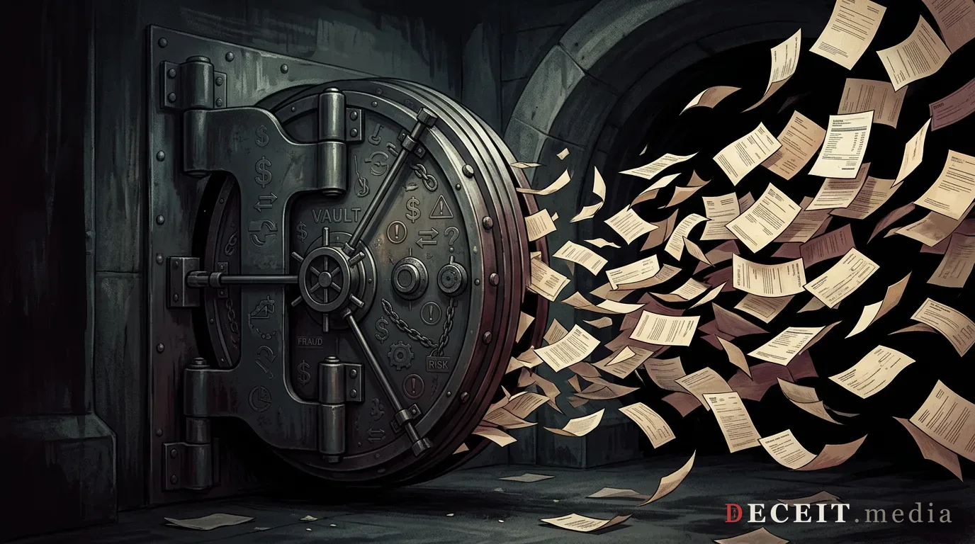 A bank vault door closing with hundreds of financial documents and account statements flying out of it into darkness.
