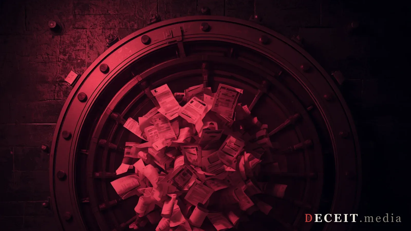 The same bank vault revealed from inside. Hundreds of flagged account documents with red targeting markers, money-laundering evidence exposed in the darkness.